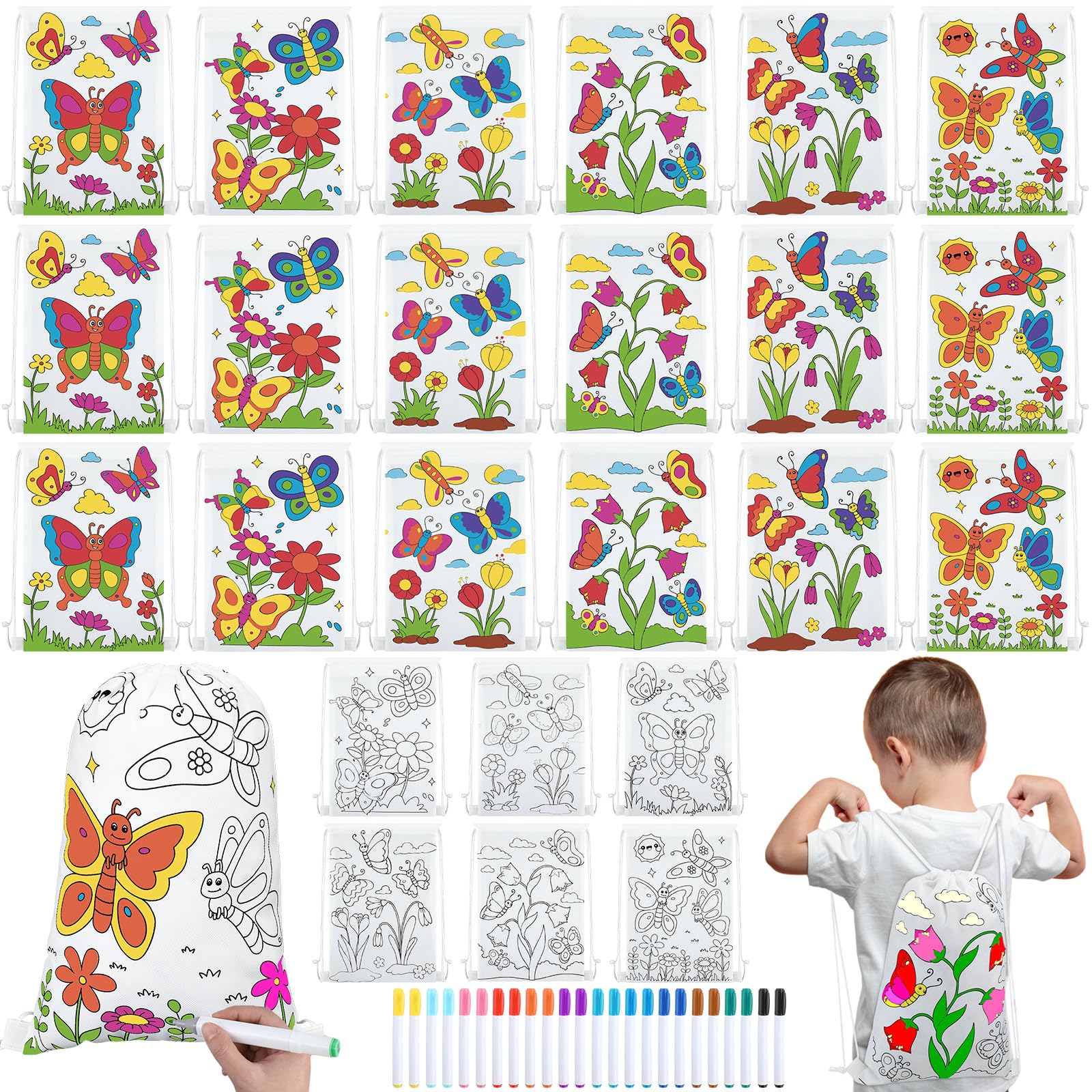 Cosblank 24 Pcs Color Your Own Butterfly Drawstring Bags Crafts for Kids Coloring Goodie Bags with Markers Non Woven Coloring Bags DIY Crafts Classroom Butterfly Birthday Coloring Party Supplies Favor